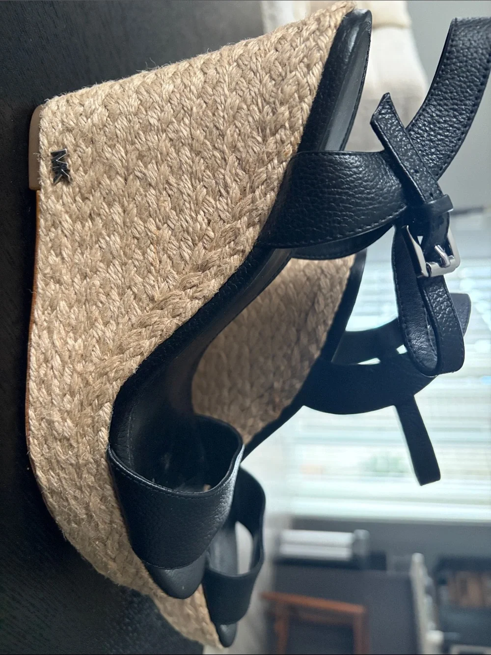 MICHAEL Michael Kors Black Leather Ankle-Strap Espadrille Wedges